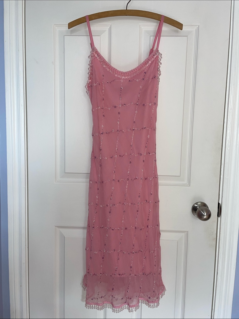 Vintage Betsey Johnson Y2K Pink Silk Beaded Slip Dress